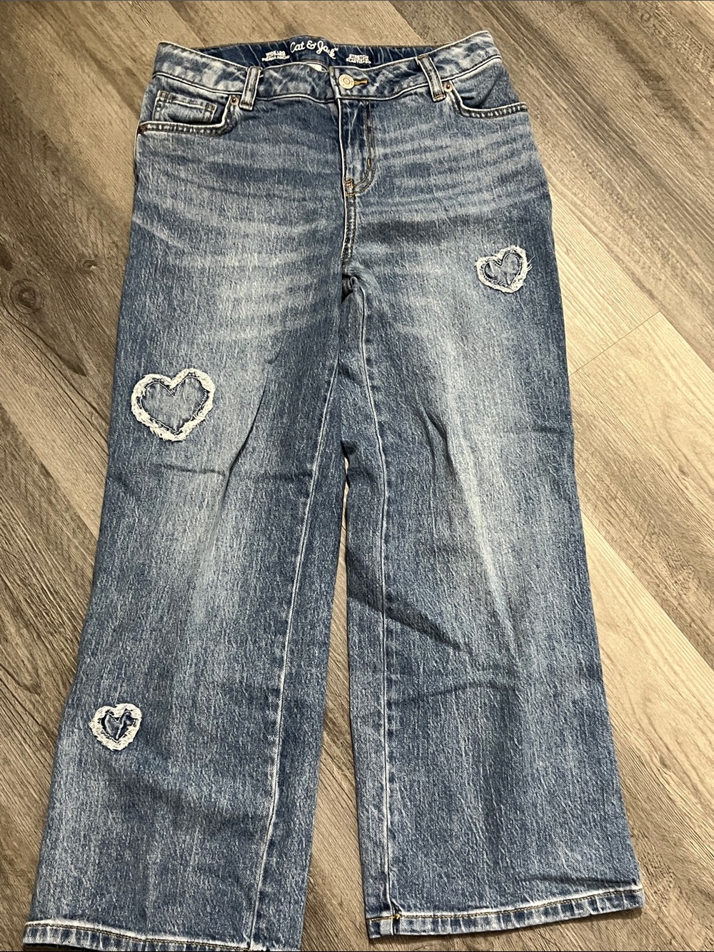 Cat & Jack Distressed Blue Wide-Leg Jeans with Heart Patches